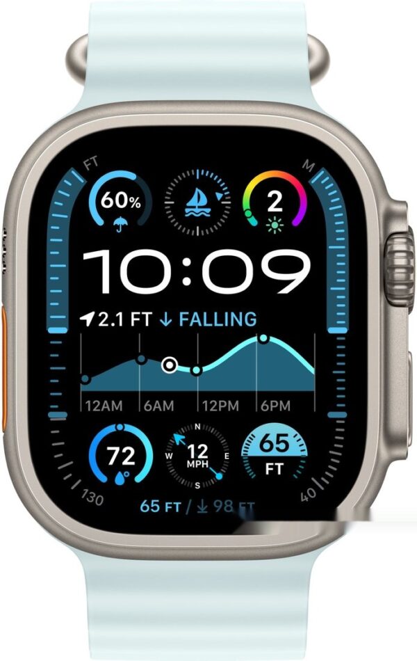 Умные часы Apple Watch Ultra 2 LTE 49 мм (титановый корпус титановый/светло-голубой ремешок из эластомера)