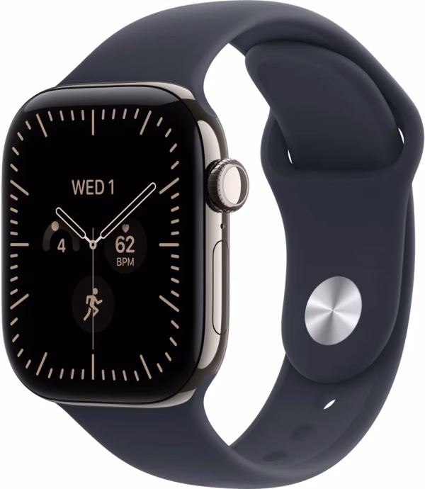 Умные часы Apple Watch Series 12 LTE 42 мм (титановый корпус, природный/темно-синий, спортивный силиконовый ремешок M/L)