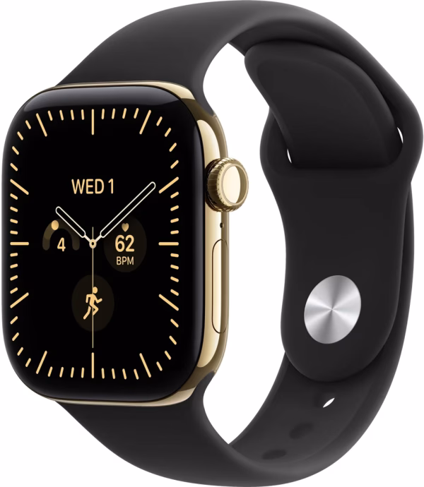 Умные часы Apple Watch Series 12 LTE 42 мм (титановый корпус, сияющее золото/черный, спортивный силиконовый ремешок S/M)